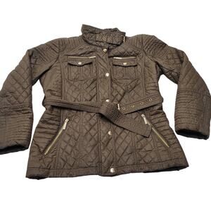 Michael Kors MK olive green brown quilted jacket gold buckle belted large